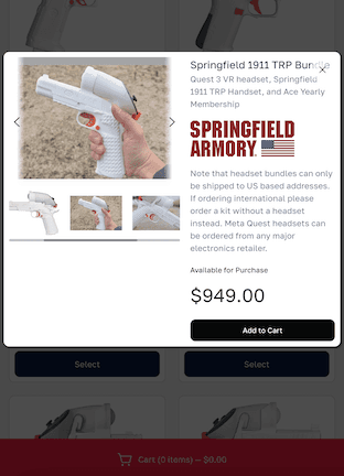 Ace checkout product modal for a licensed handset and Quest bundle with pricing, membership, and regional shipping note.